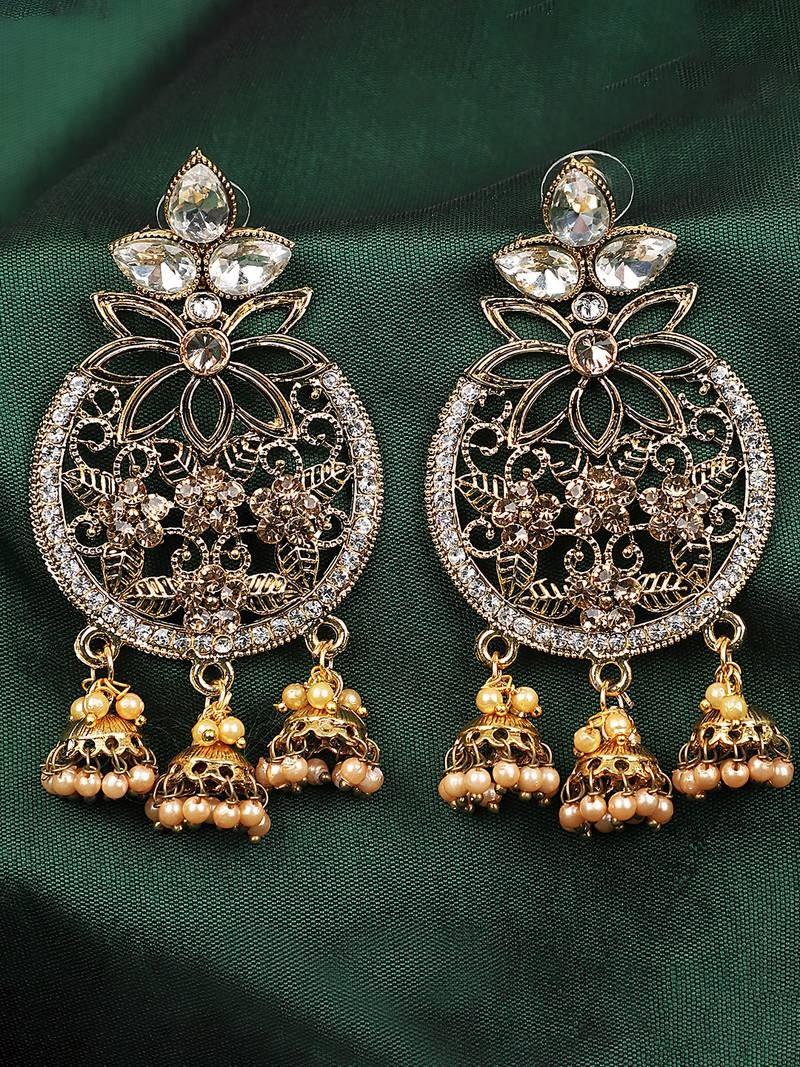 Chandbali, Red Golden Cubic Zirconia 3 Jhumki Chandbali Earring, indian jewellery, zircon, bollywood style, wedding jewellery, Kundan