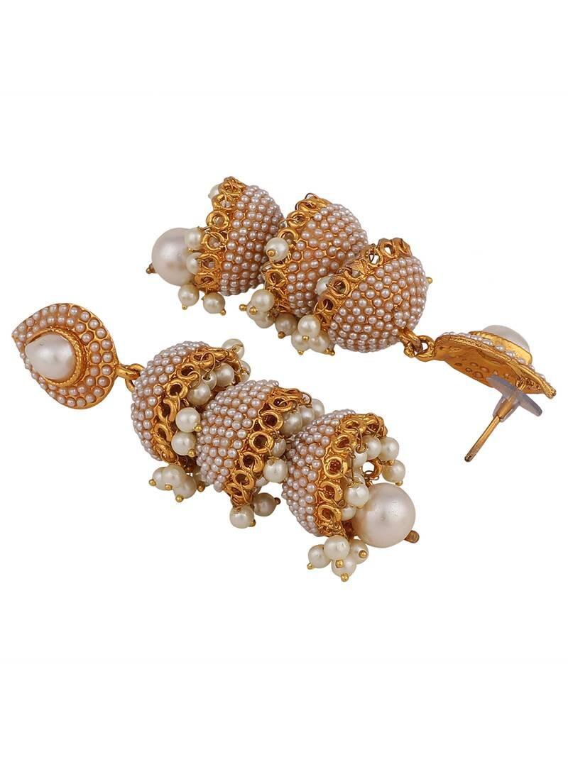 Gold Plated White Pearl 3 Floor Brass Jhumka Earrings, Pearl Jhumki Earrings, Jhumkas with pearls, Chandbali Jhumkas