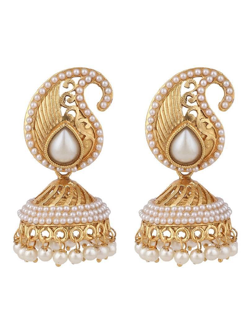 Indian Jhumka Earring, Carry Shaped Pearl Off white Brass Jhumka Earring, Celebrity Jhumkas Indian Earrings With Pearl Women Jewelry