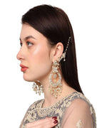 Embellished Kundan stones & pearl chandbalis dangler earrings | Gold plated bollywood indian jewelry | Chandbali earring with earchain