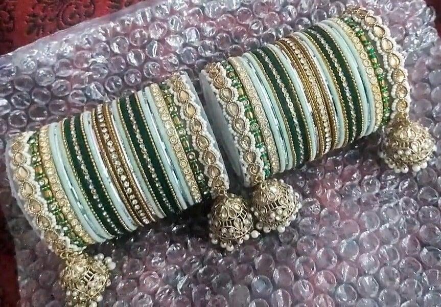 Green Color Matte Shinning Bangles Indian Wedding Bangle Party Wear Jewelry Ethnic Traditional Indian Bangles with Jhumki Border- Both Hands