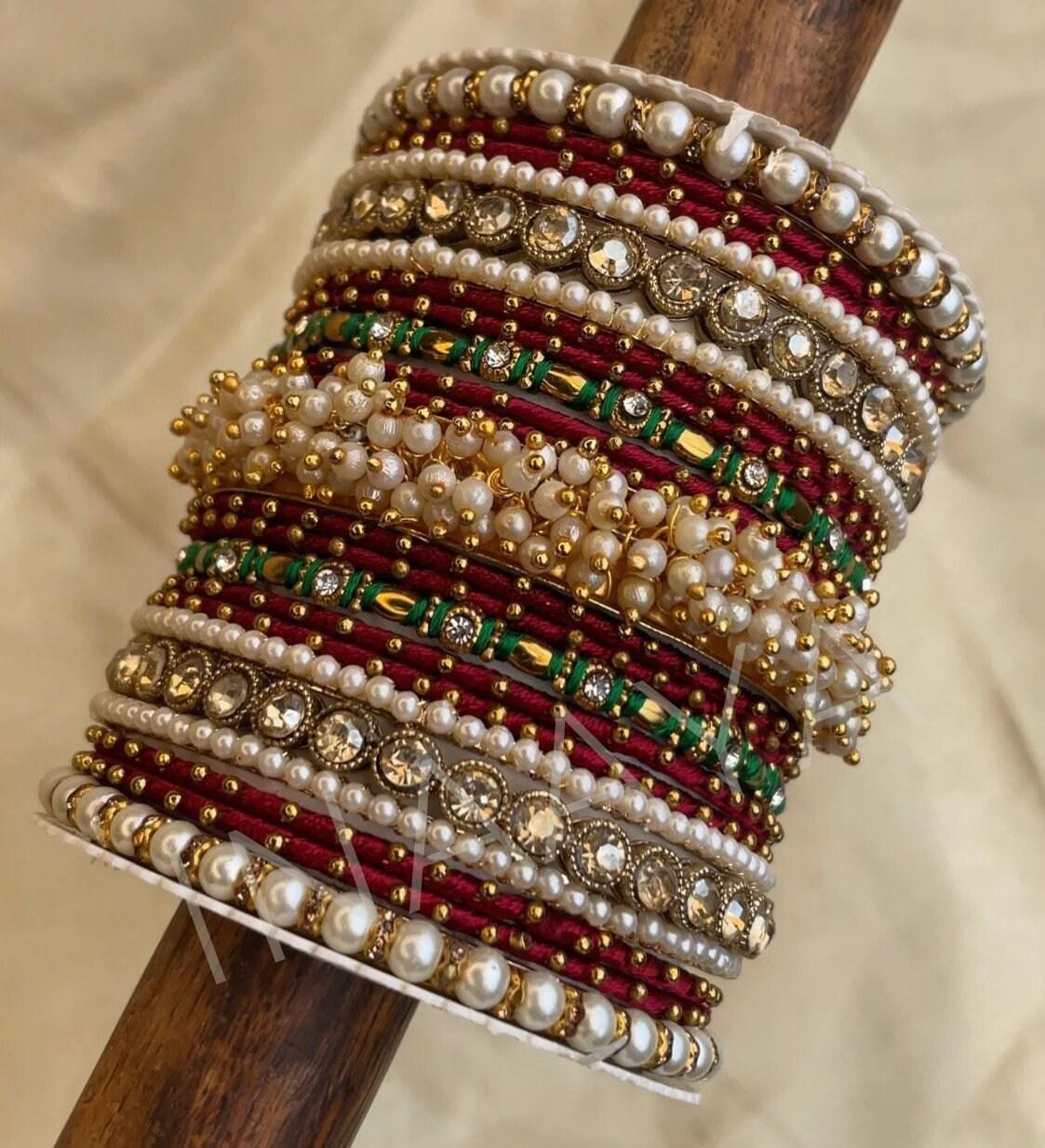Indian Pearl bangles set with stone work kada, Indian bangles, Wedding jewelry, festive colorful bangles size 2.4/6/8/10 set for 2