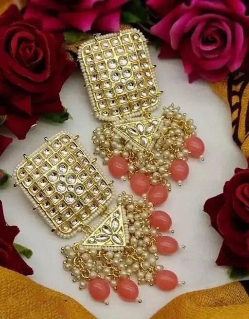 Kundan pearl earring set, gold plated fashion earring, kundan earrings, pearl cluster earrings, bridal earrings, kundan studs