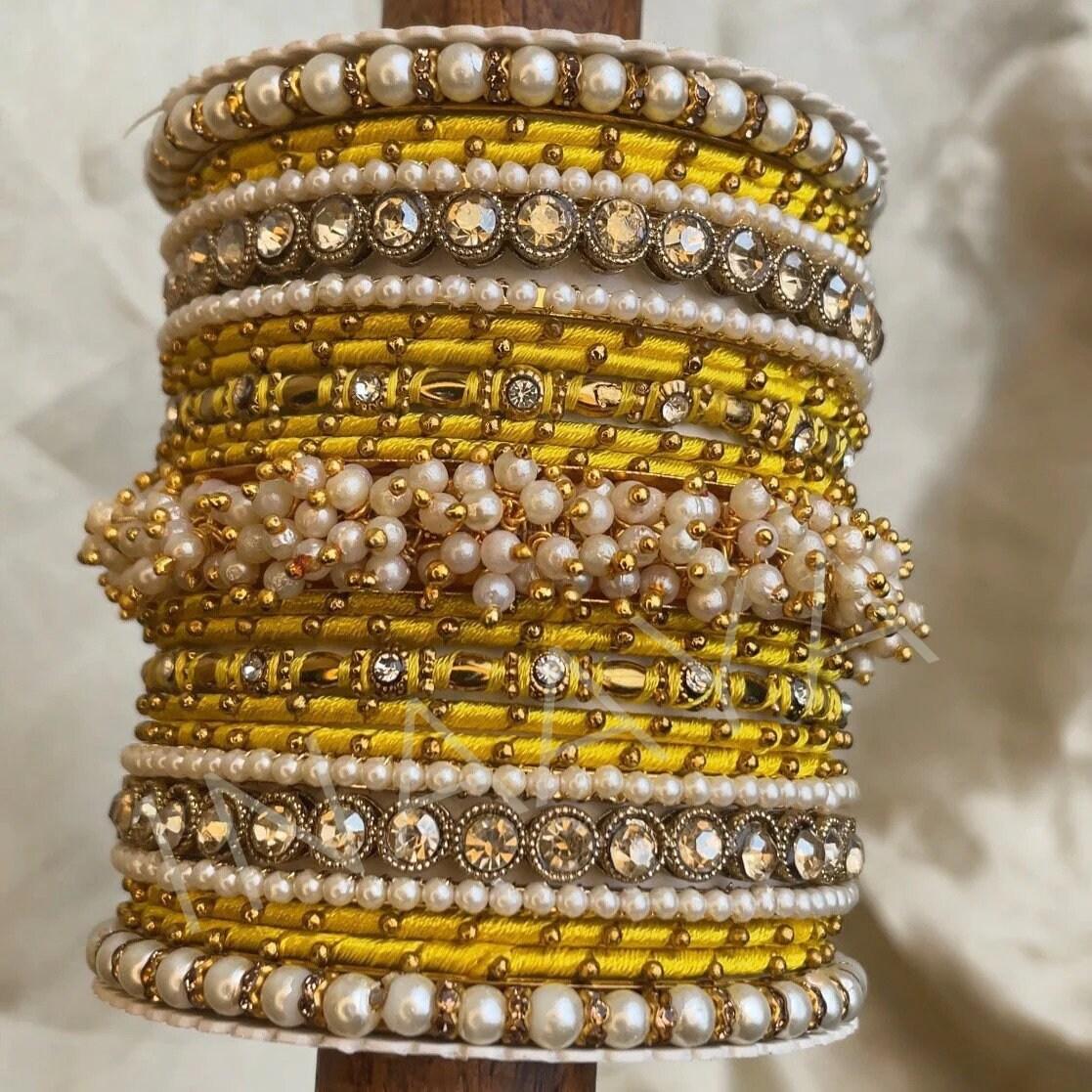 Indian Pearl bangles set with stone work kada, Indian bangles, Wedding jewelry, festive colorful bangles size 2.4/6/8/10 set for 2