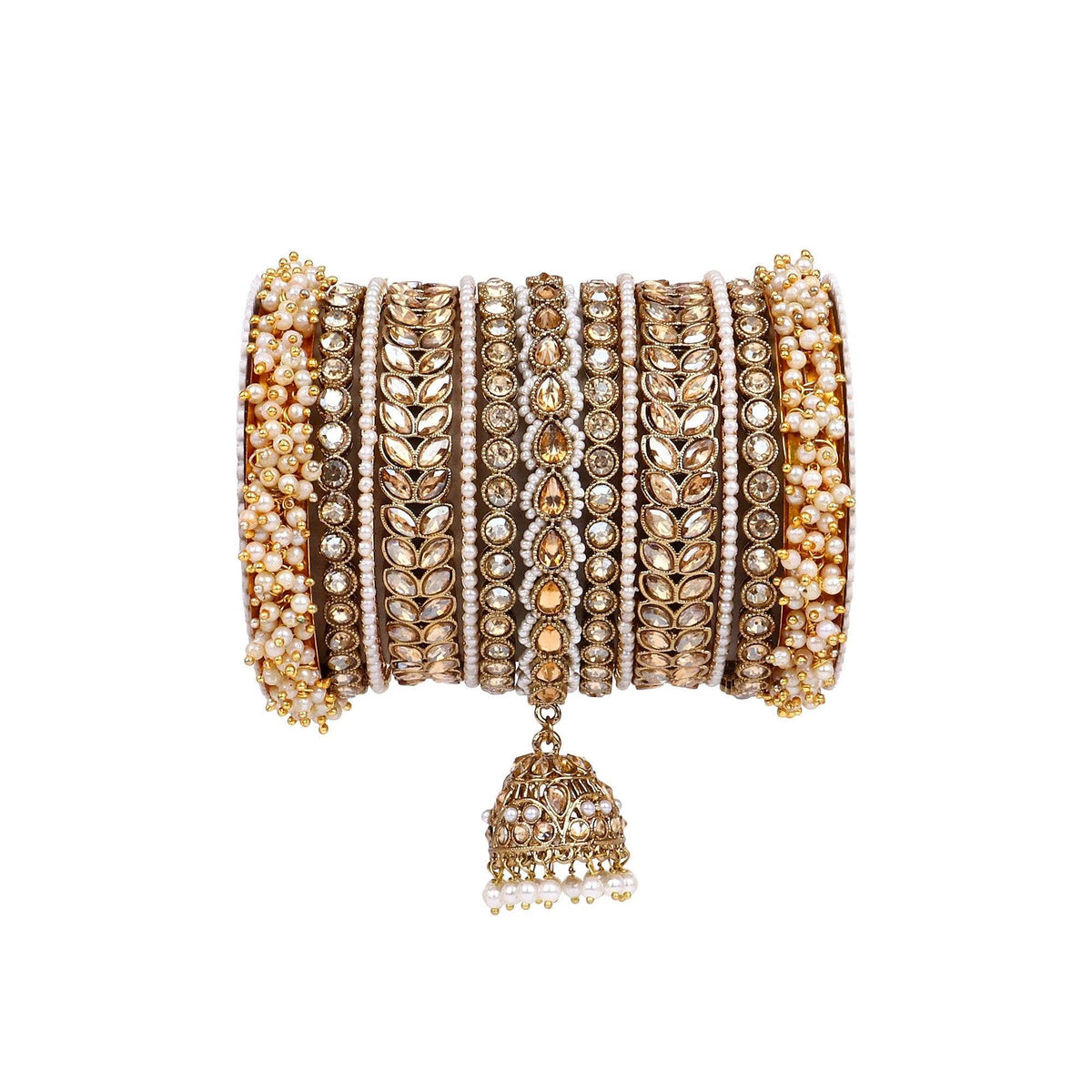 Antique Golden Stone pearl Indian Asian bangles with jhumki, Wedding bangles, Indian jewelry, Bridal bangles, jhumki bangle bracelet