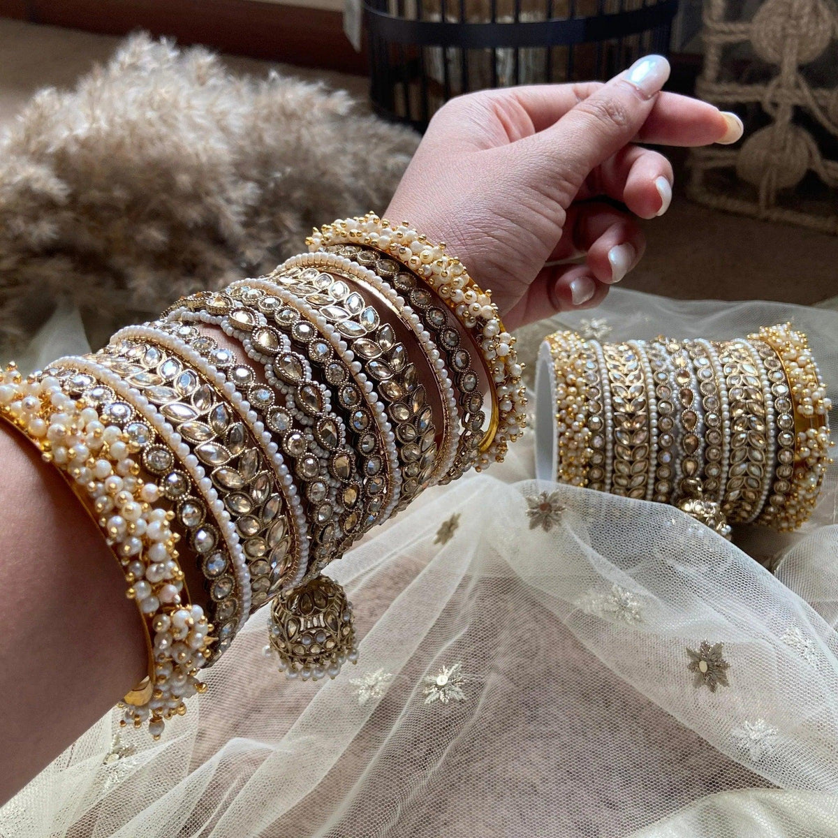 Antique Golden Stone pearl Indian Asian bangles with jhumki, Wedding bangles, Indian jewelry, Bridal bangles, jhumki bangle bracelet