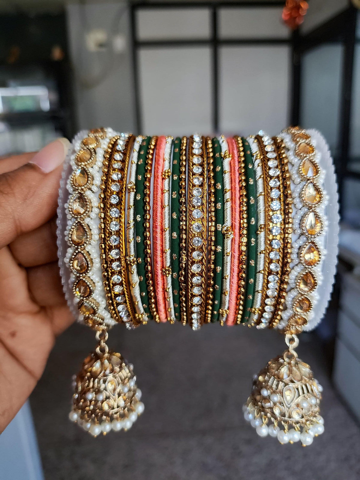 Green & Peach Bridal Bangle Set with Kundan Jhumki, Indian wedding Tassel Bangles Set Woman Jewelry Bangle Set, Wedding Bangles, Jewelry