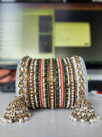 Green & Peach Bridal Bangle Set with Kundan Jhumki, Indian wedding Tassel Bangles Set Woman Jewelry Bangle Set, Wedding Bangles, Jewelry
