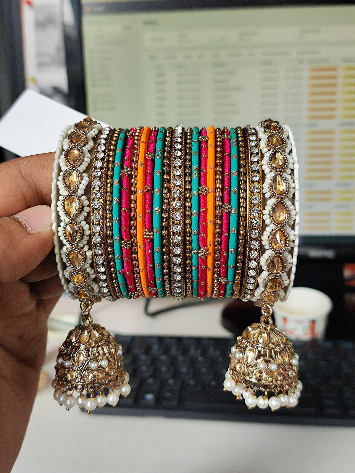 Green & Peach Bridal Bangle Set with Kundan Jhumki, Indian wedding Tassel Bangles Set Woman Jewelry Bangle Set, Wedding Bangles, Jewelry