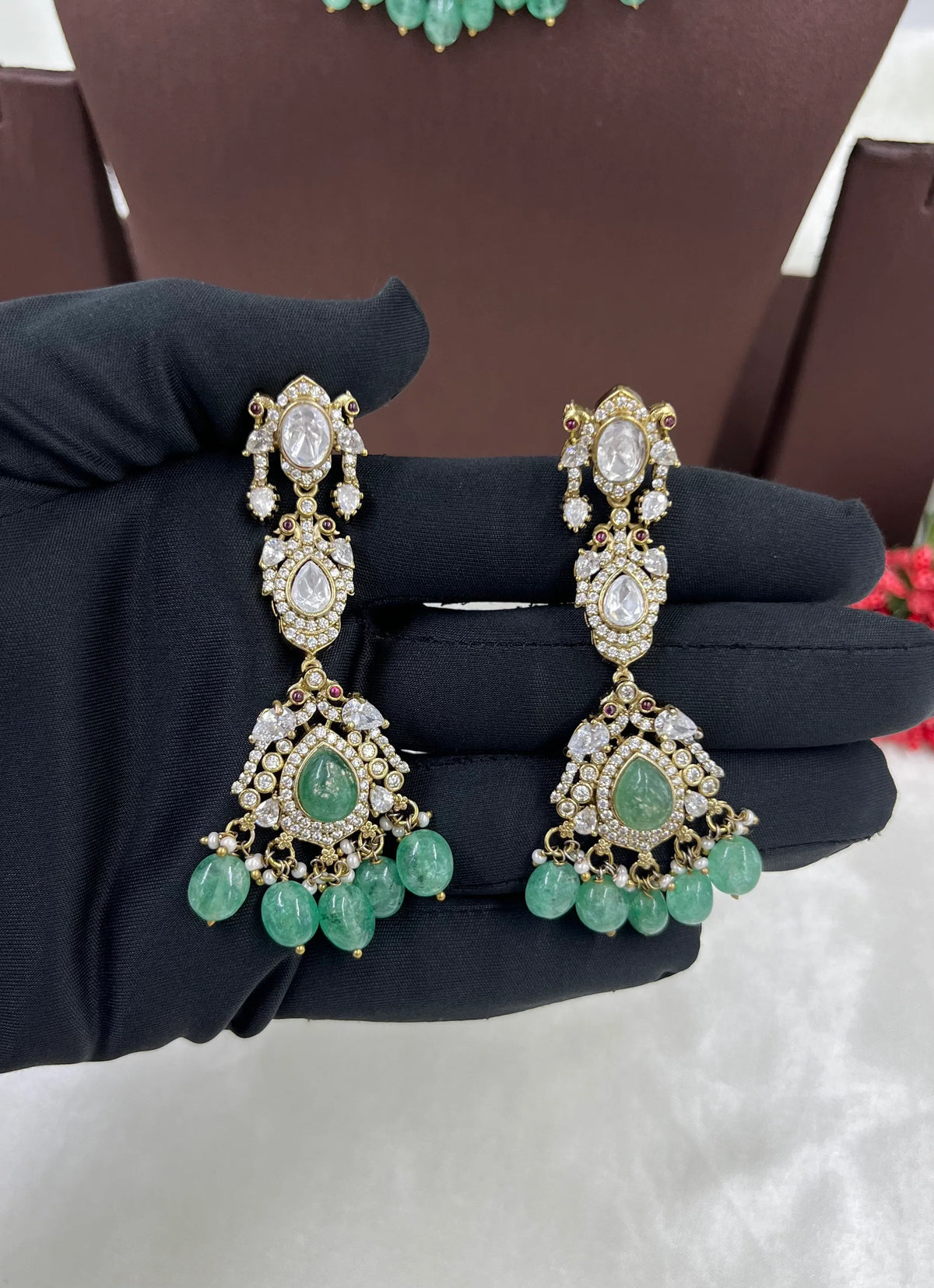 Antique Premium Moissanite Kundan Necklace Set with Earrings & Maang Tikka – Bridal & Party Jewelry