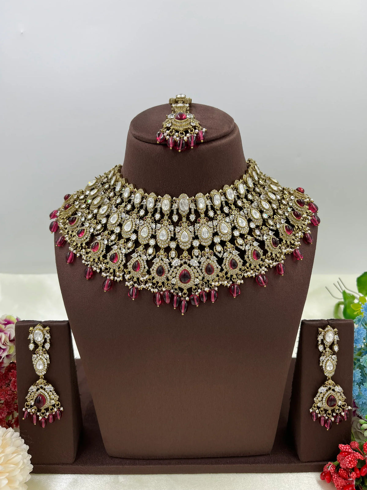 Antique Premium Moissanite Kundan Necklace Set with Earrings & Maang Tikka – Bridal & Party Jewelry