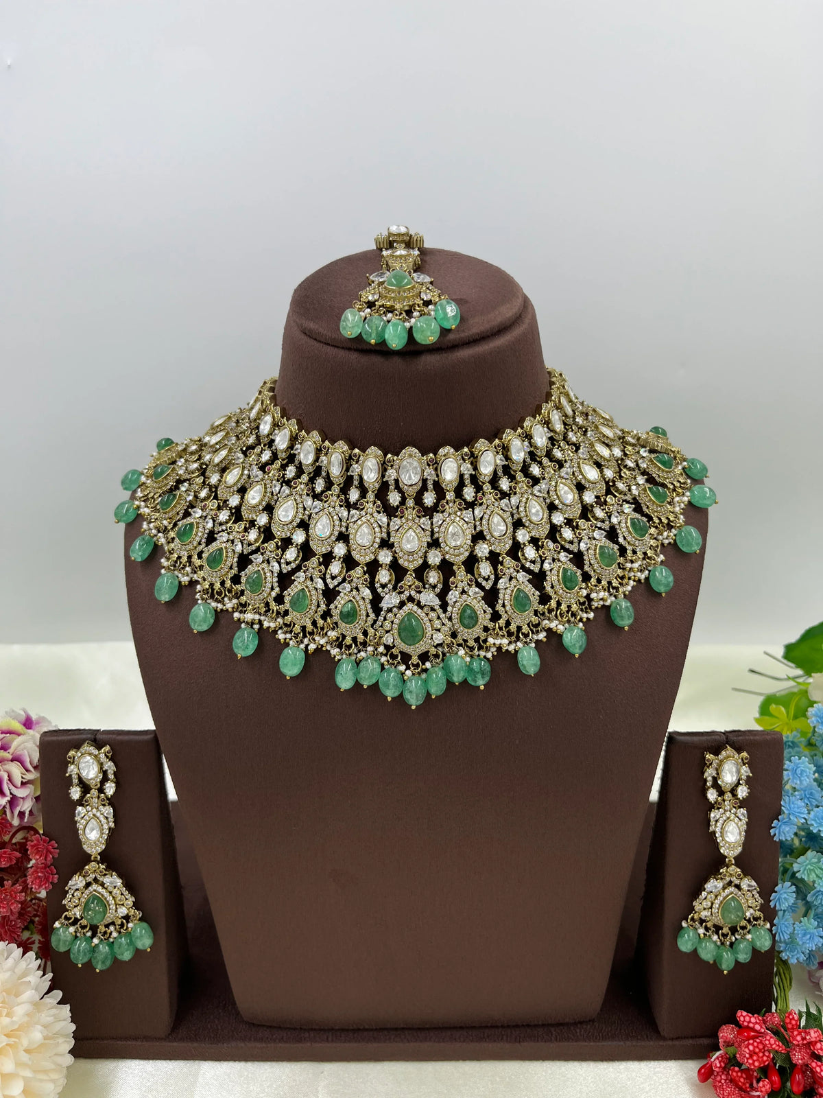 Antique Premium Moissanite Kundan Necklace Set with Earrings & Maang Tikka – Bridal & Party Jewelry