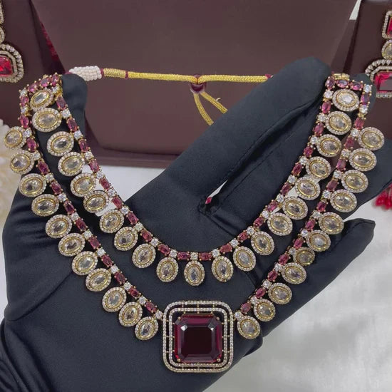 Victorian Double Layered Necklace Set | Indian Jewellery | AD Necklace & Earrings Indian Neckless Set for Bridal & Partywear