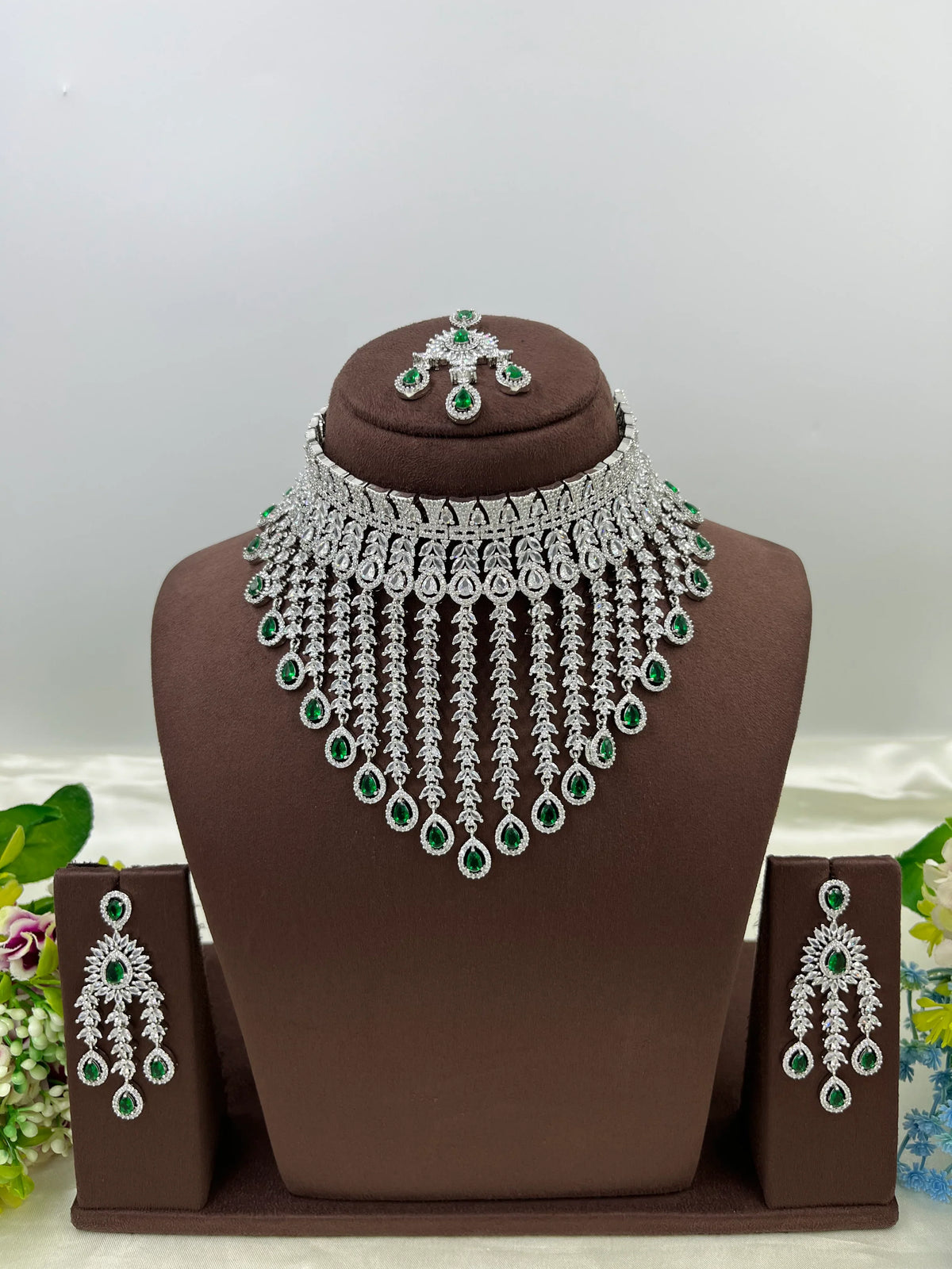 💎 Diamond Vault Premium AD Necklace Set with Maangtika & Earrings – Bridal Elegance Redefined