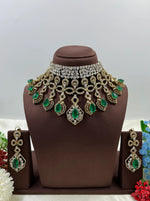 Royal Victorian Kundan Choker Necklace Set with Green Stone Drops & Matching Earrings – Indian Jewellery Bridal American Diamond Necklace Set