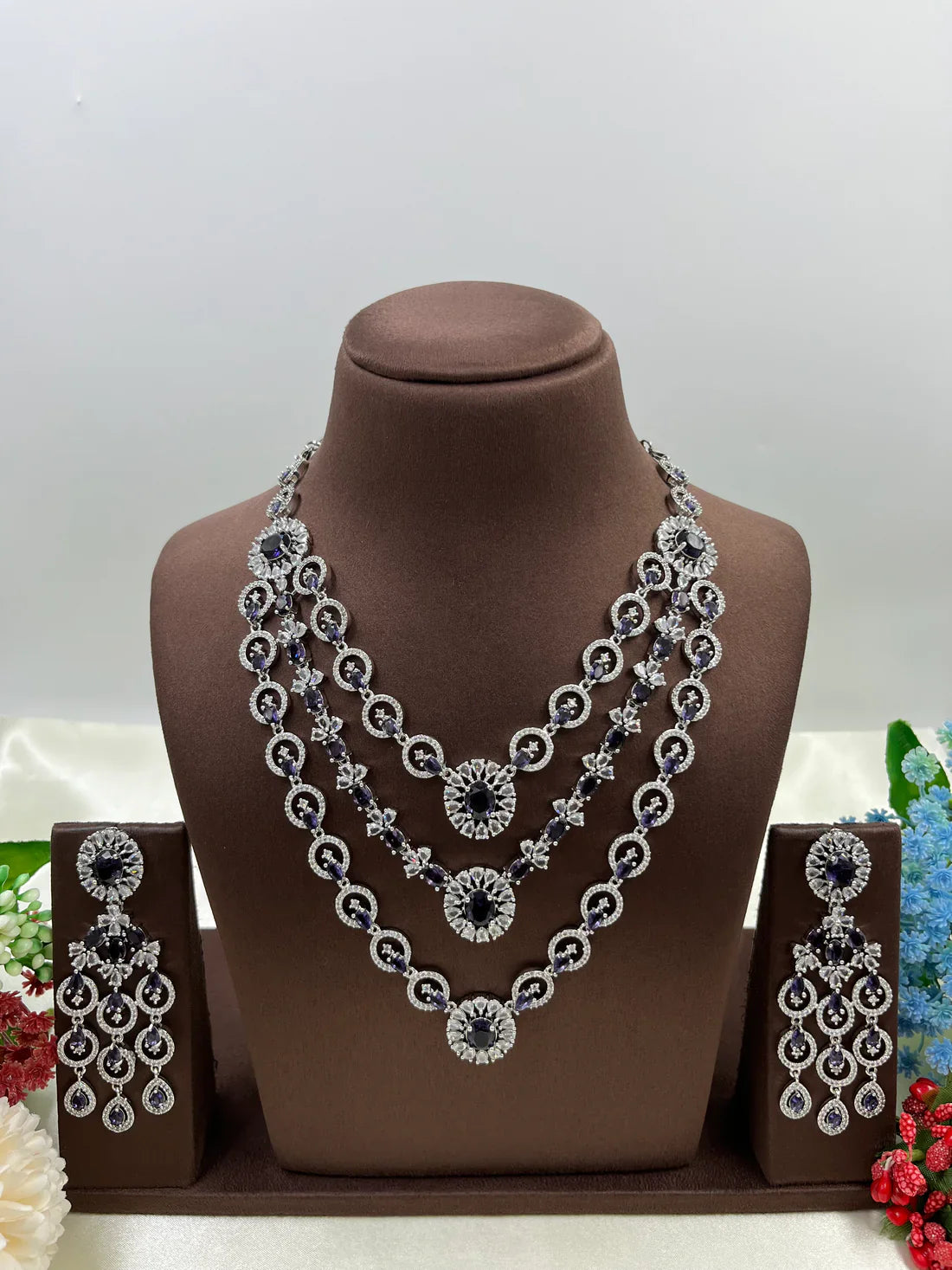 Luxury Ruby Red American Diamond Bridal Necklace Set with Long Chandelier Earrings Silver Plated Wedding & Party Jewellery for Women