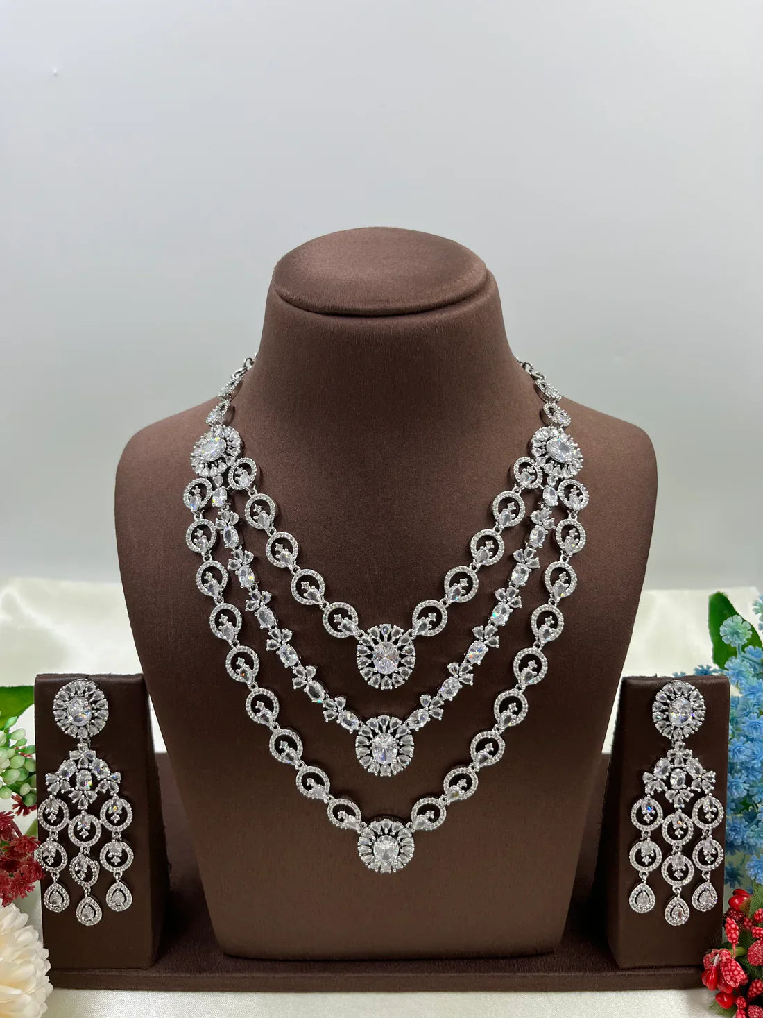 Luxury Ruby Red American Diamond Bridal Necklace Set with Long Chandelier Earrings Silver Plated Wedding & Party Jewellery for Women