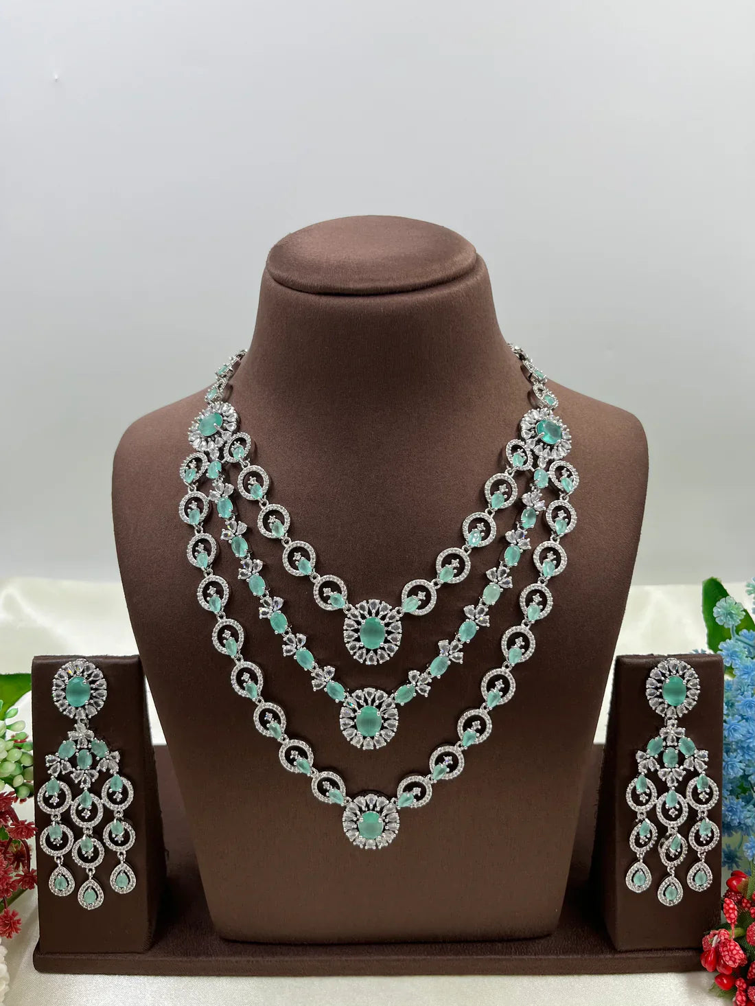Luxury Ruby Red American Diamond Bridal Necklace Set with Long Chandelier Earrings Silver Plated Wedding & Party Jewellery for Women