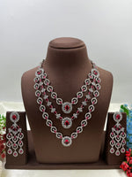 Luxury Ruby Red American Diamond Bridal Necklace Set with Long Chandelier Earrings Silver Plated Wedding & Party Jewellery for Women