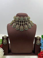 Royal Victorian AD Green Stone Choker Necklace with Earrings Bridal Statement Jewellery Set