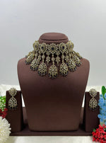 Royal Victorian AD Green Stone Choker Necklace with Earrings Bridal Statement Jewellery Set