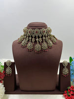 Royal Victorian AD Green Stone Choker Necklace with Earrings Bridal Statement Jewellery Set