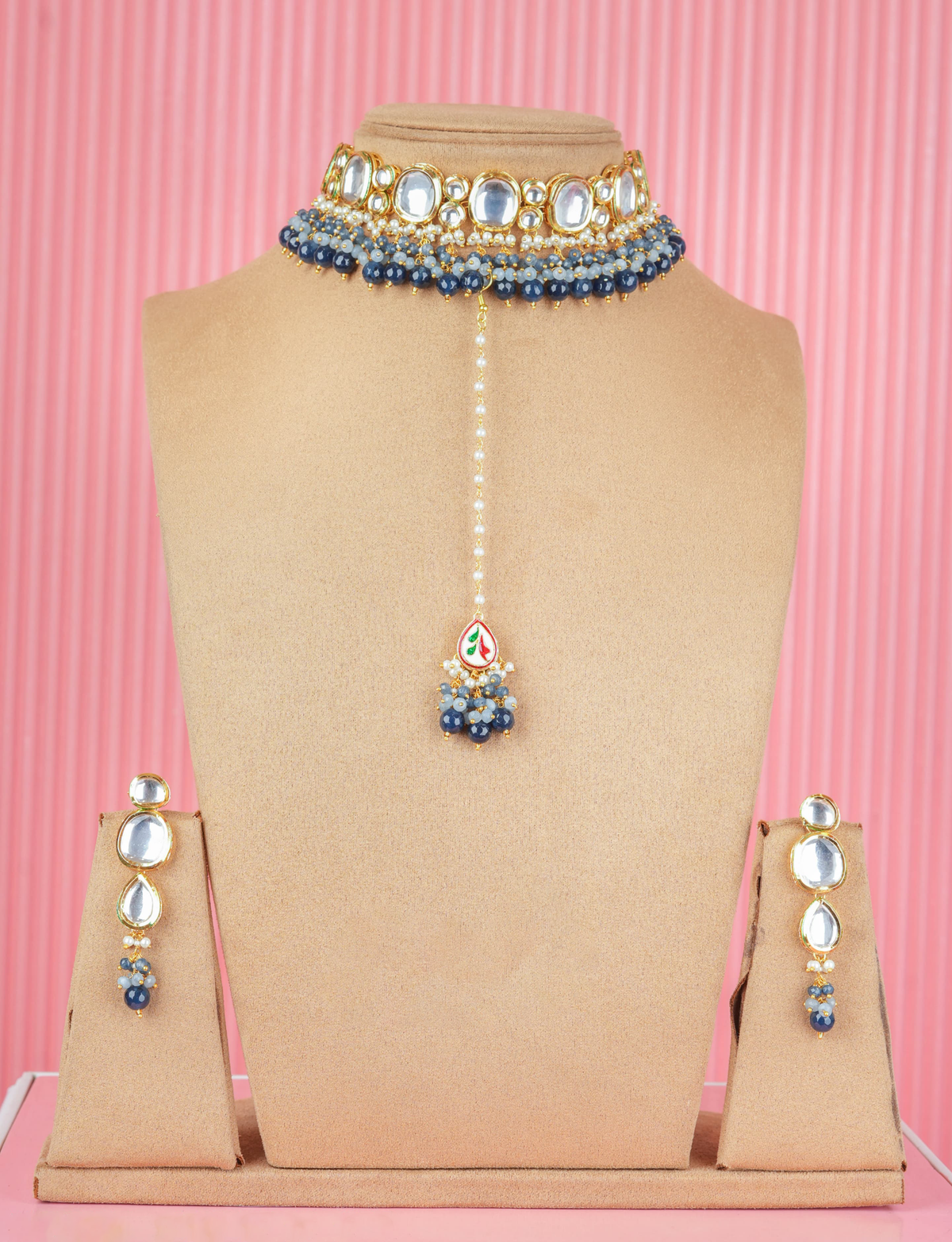 Silver Blue Indian Wedding Polki Necklace Earrings Set, Bridal Polki Necklace Set, Pakistani Polki Jewelry Set, Bollywood Jewelry Set, Statement Polki Necklace Set