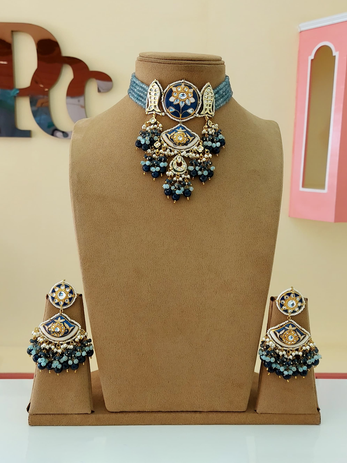 Lotus Kundan Indian Choker Earrings Set, Indian Kundan Jewelry Set, Pakistani Bridal Kundan Choker Set, Rajsthani Kundan Choker Set, Wedding Kundan Jewelry