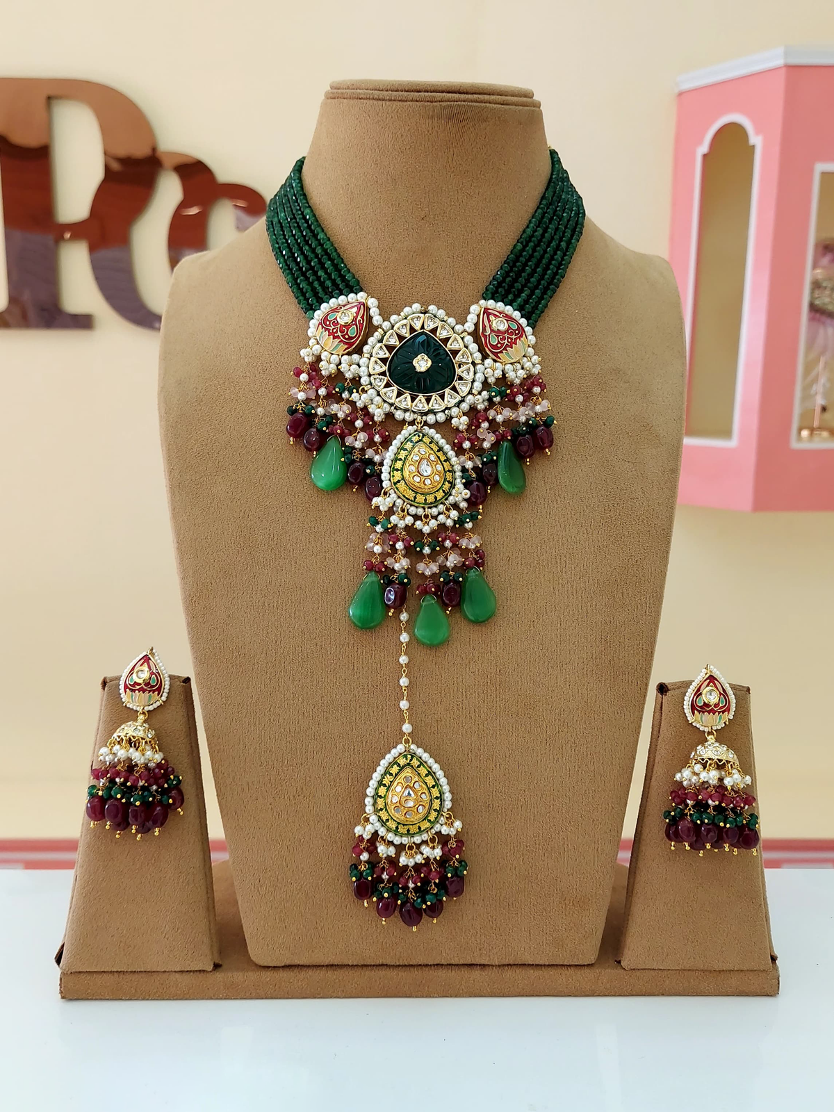 Rajsthani Ethnic Meenakari Necklace Earrings Maangtika Set, Jaipuri Wedding Meenakari Jewelry Set, Indian Jewelry Set, Bollywood Wedding Necklace Set, Bridal Necklace Set