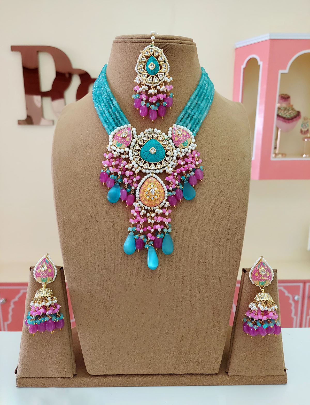 Rajsthani Ethnic Meenakari Necklace Earrings Maangtika Set, Jaipuri Wedding Meenakari Jewelry Set, Indian Jewelry Set, Bollywood Wedding Necklace Set, Bridal Necklace Set