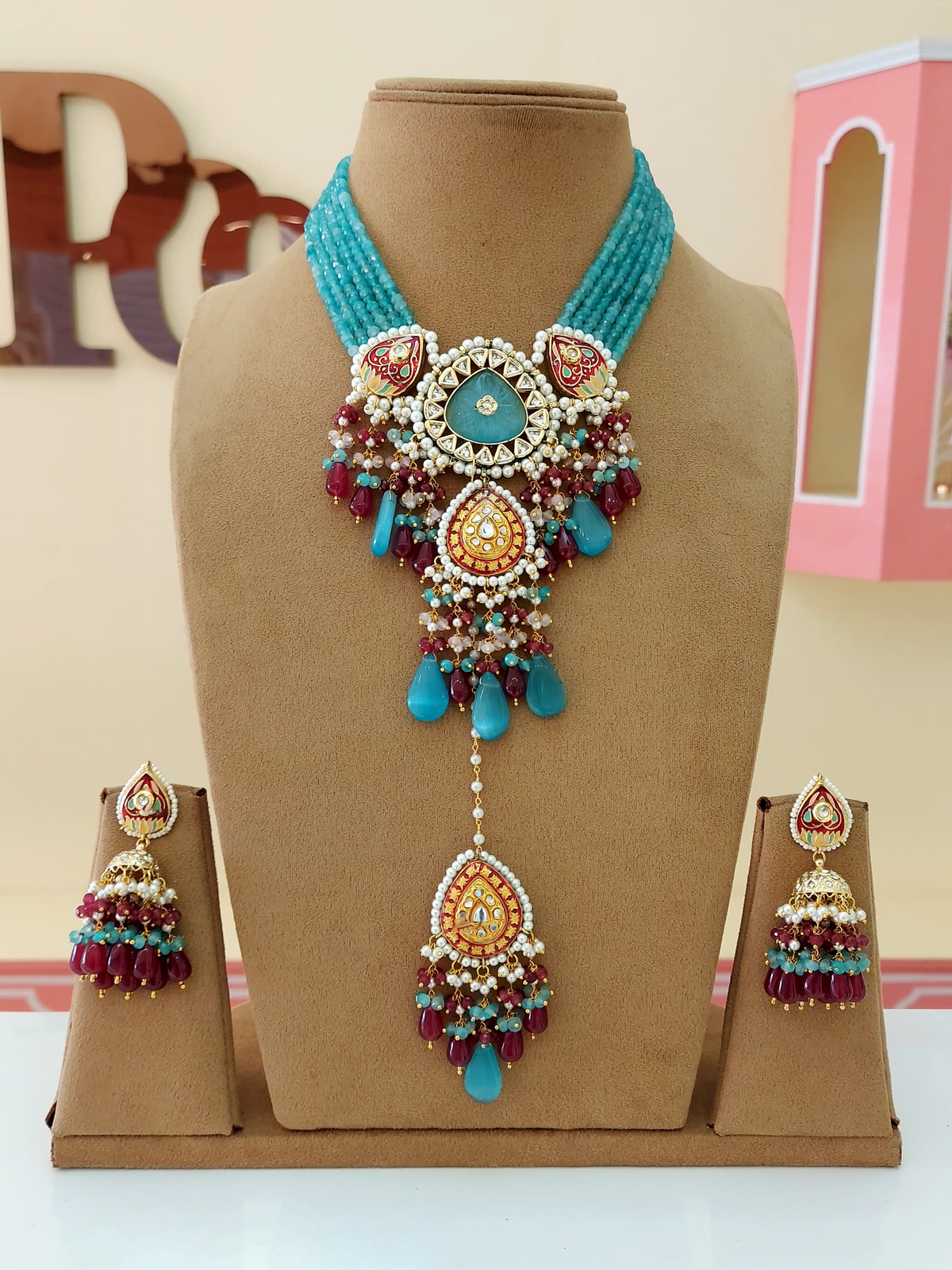 Rajsthani Ethnic Meenakari Necklace Earrings Maangtika Set, Jaipuri Wedding Meenakari Jewelry Set, Indian Jewelry Set, Bollywood Wedding Necklace Set, Bridal Necklace Set