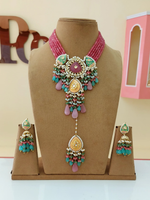 Rajsthani Ethnic Meenakari Necklace Earrings Maangtika Set, Jaipuri Wedding Meenakari Jewelry Set, Indian Jewelry Set, Bollywood Wedding Necklace Set, Bridal Necklace Set