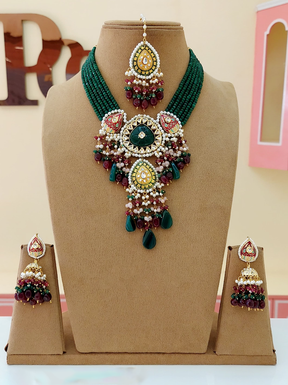 Rajsthani Ethnic Meenakari Necklace Earrings Maangtika Set, Jaipuri Wedding Meenakari Jewelry Set, Indian Jewelry Set, Bollywood Wedding Necklace Set, Bridal Necklace Set