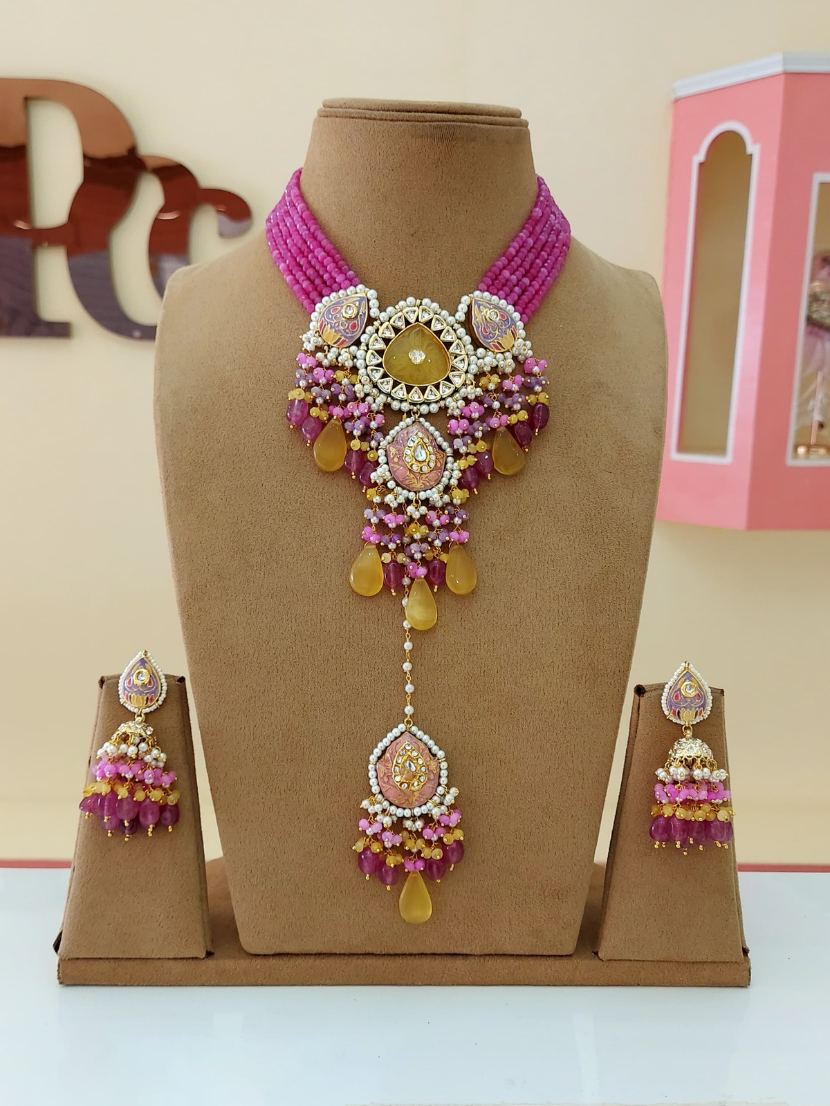 Rajsthani Ethnic Meenakari Necklace Earrings Maangtika Set, Jaipuri Wedding Meenakari Jewelry Set, Indian Jewelry Set, Bollywood Wedding Necklace Set, Bridal Necklace Set