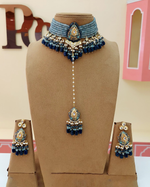 Indian Blue Traditional Choker Earrings Maangtika Set, Indian Blue Ethnic Jewelry Set, Bollywood Inspired Traditional Choker Set