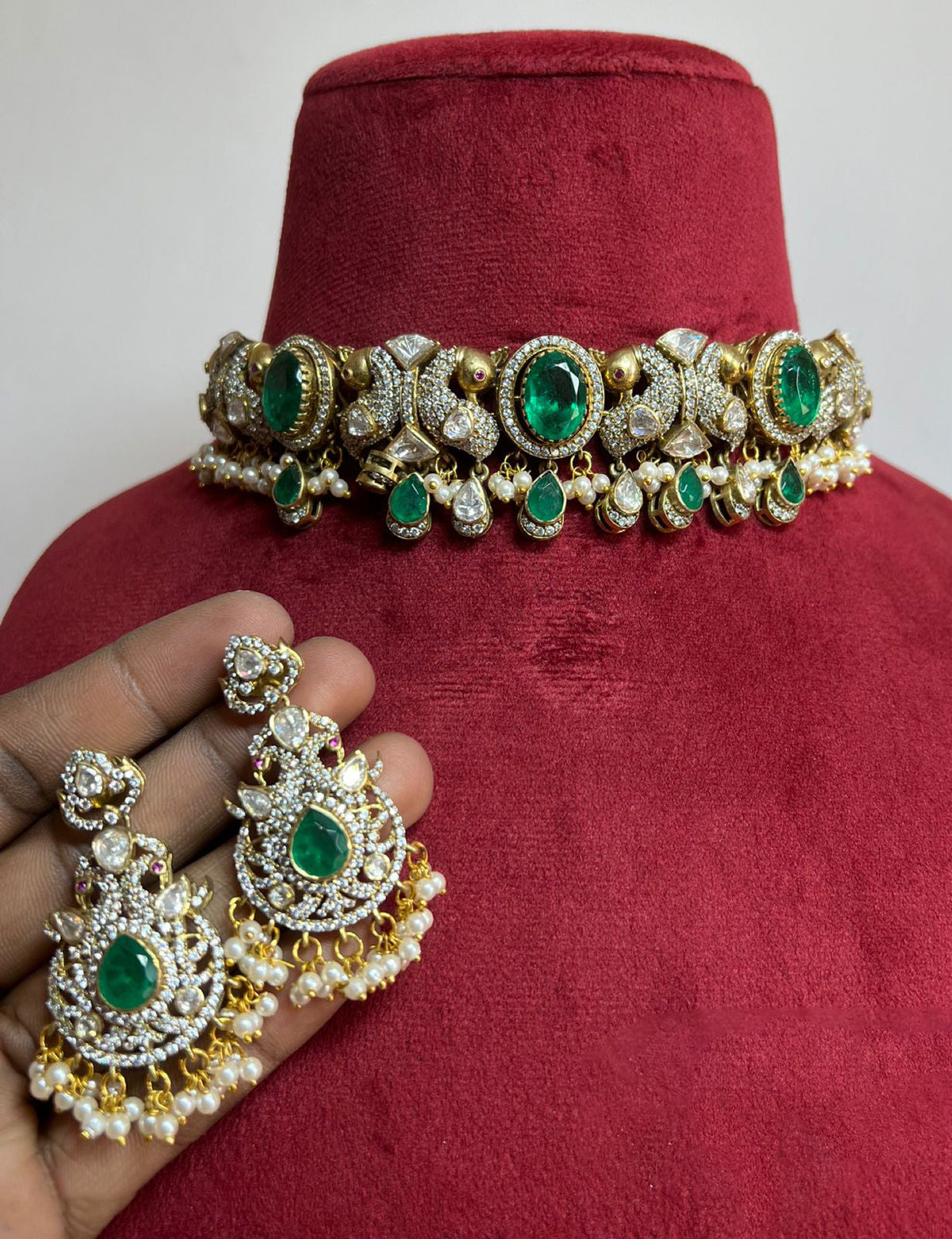 Jaipuri Indian Peacock Inspired Choker Earrings Set, Rajsthani Peacock Design Polki Choker Set, Polki Choker Set, Peacock Indian Jewelry Set