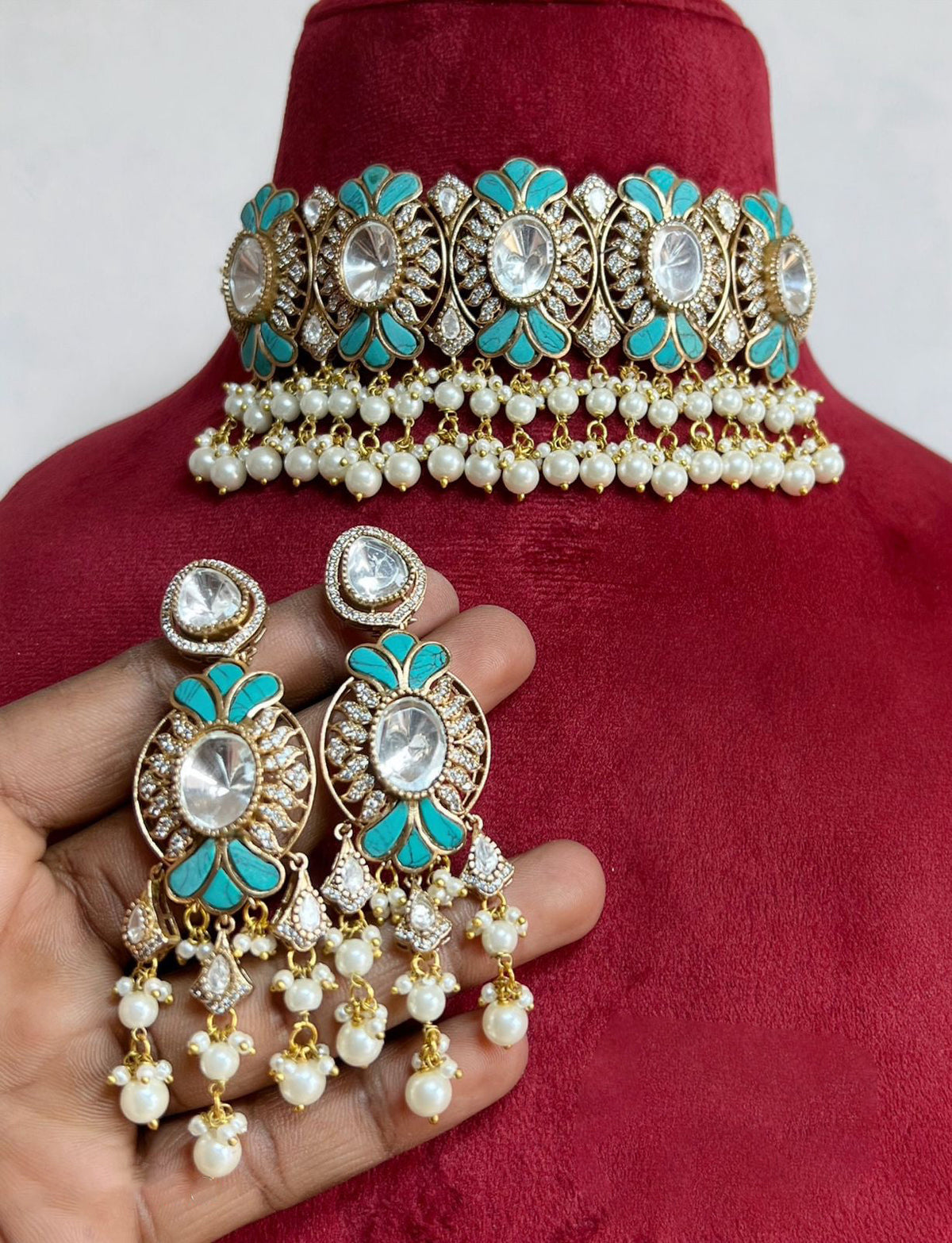 Rajsthani Floral Designed Polki Choker Earrings Set, Jaipuri Floral Polki Choker Set, Indian Choker Jewelry Set, Floral Indian Choker Set, Bollywood Floral Polki Choker Set, Polki Choker Set