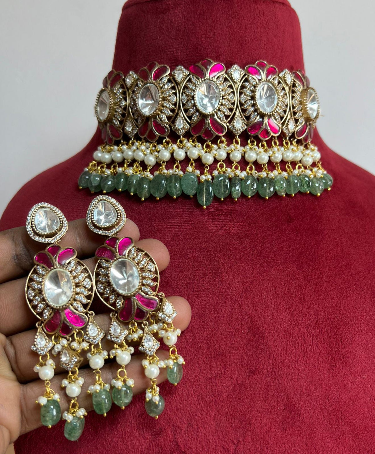 Rajsthani Floral Designed Polki Choker Earrings Set, Jaipuri Floral Polki Choker Set, Indian Choker Jewelry Set, Floral Indian Choker Set, Bollywood Floral Polki Choker Set, Polki Choker Set