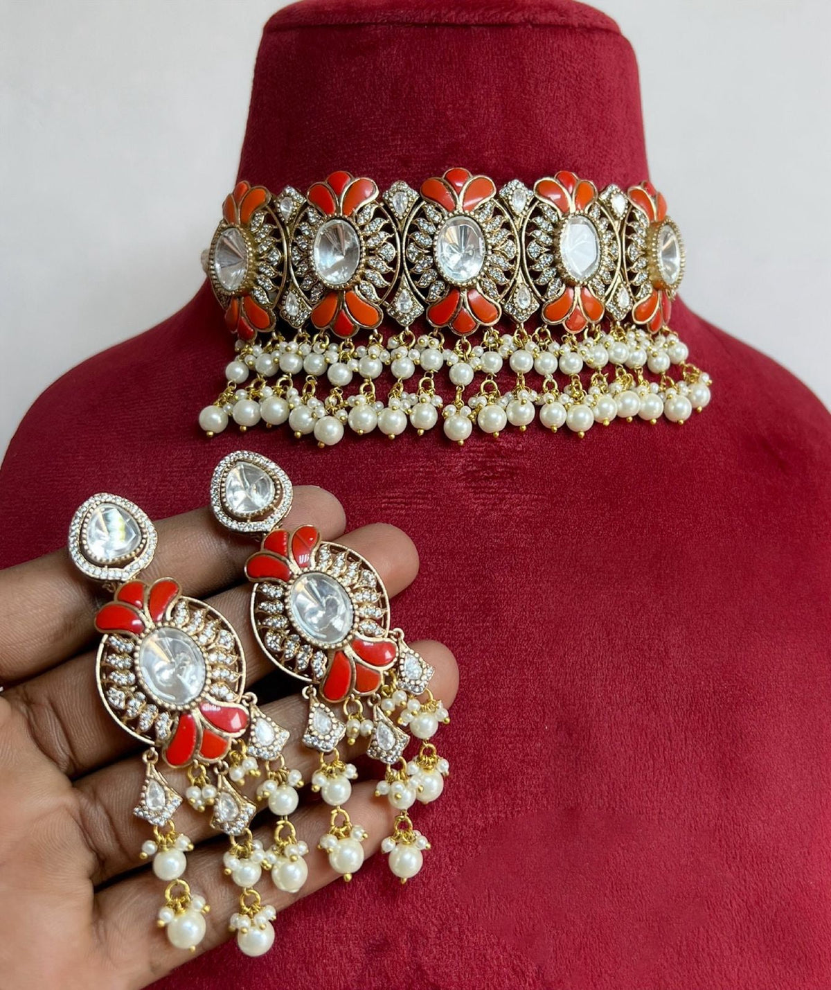 Rajsthani Floral Designed Polki Choker Earrings Set, Jaipuri Floral Polki Choker Set, Indian Choker Jewelry Set, Floral Indian Choker Set, Bollywood Floral Polki Choker Set, Polki Choker Set