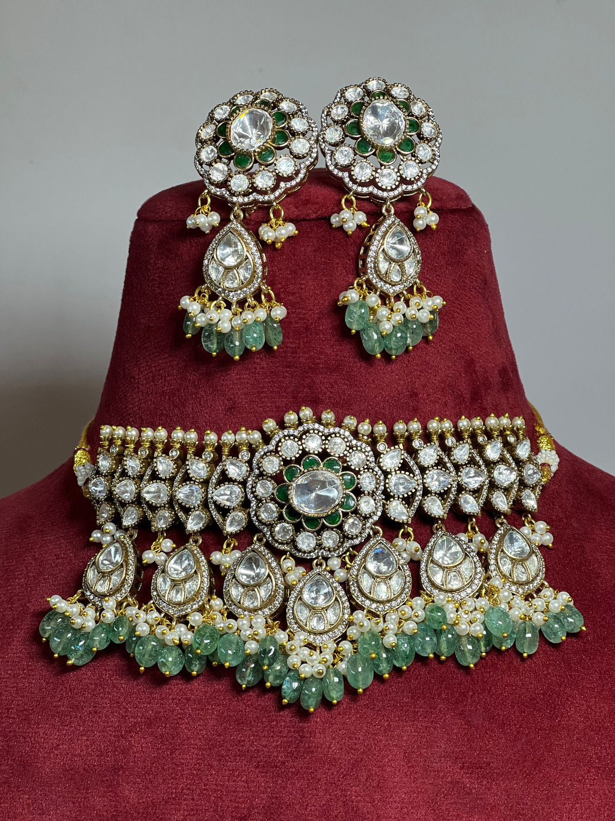 Pakistani Bridal Polki Stone Beaded Choker Set, Beaded Polki Stones Jewelry Set, Bollywood Polki Choker Set, Indian Choker Set, Wedding Polki Jewelry Set