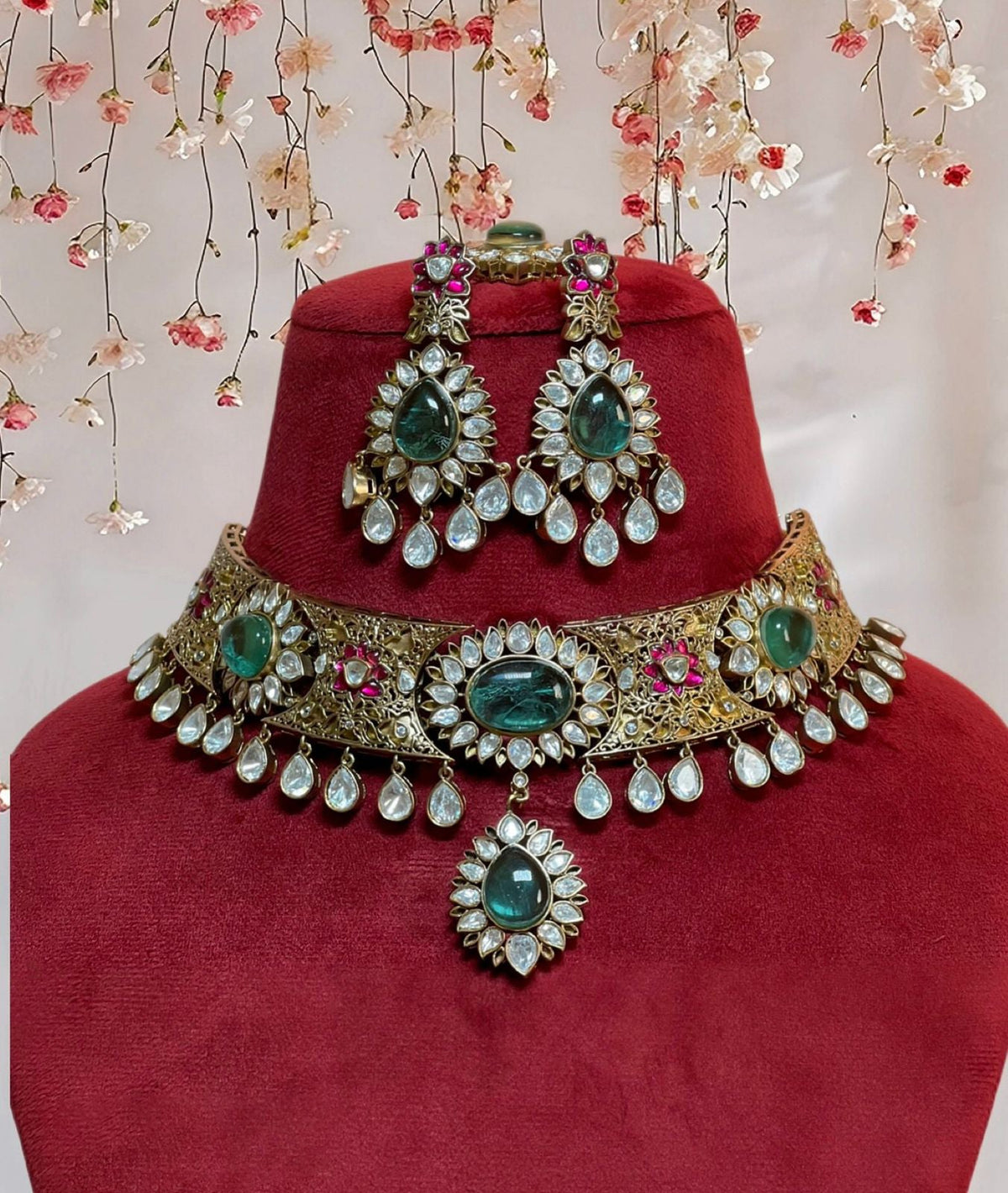 Celebrity Meenakari Polki Choker Earrings Maangtika Set, Indian Meenakari Polki Jewelry Set, Bollywood Meenakari Choker Earrings Mangtika Set
