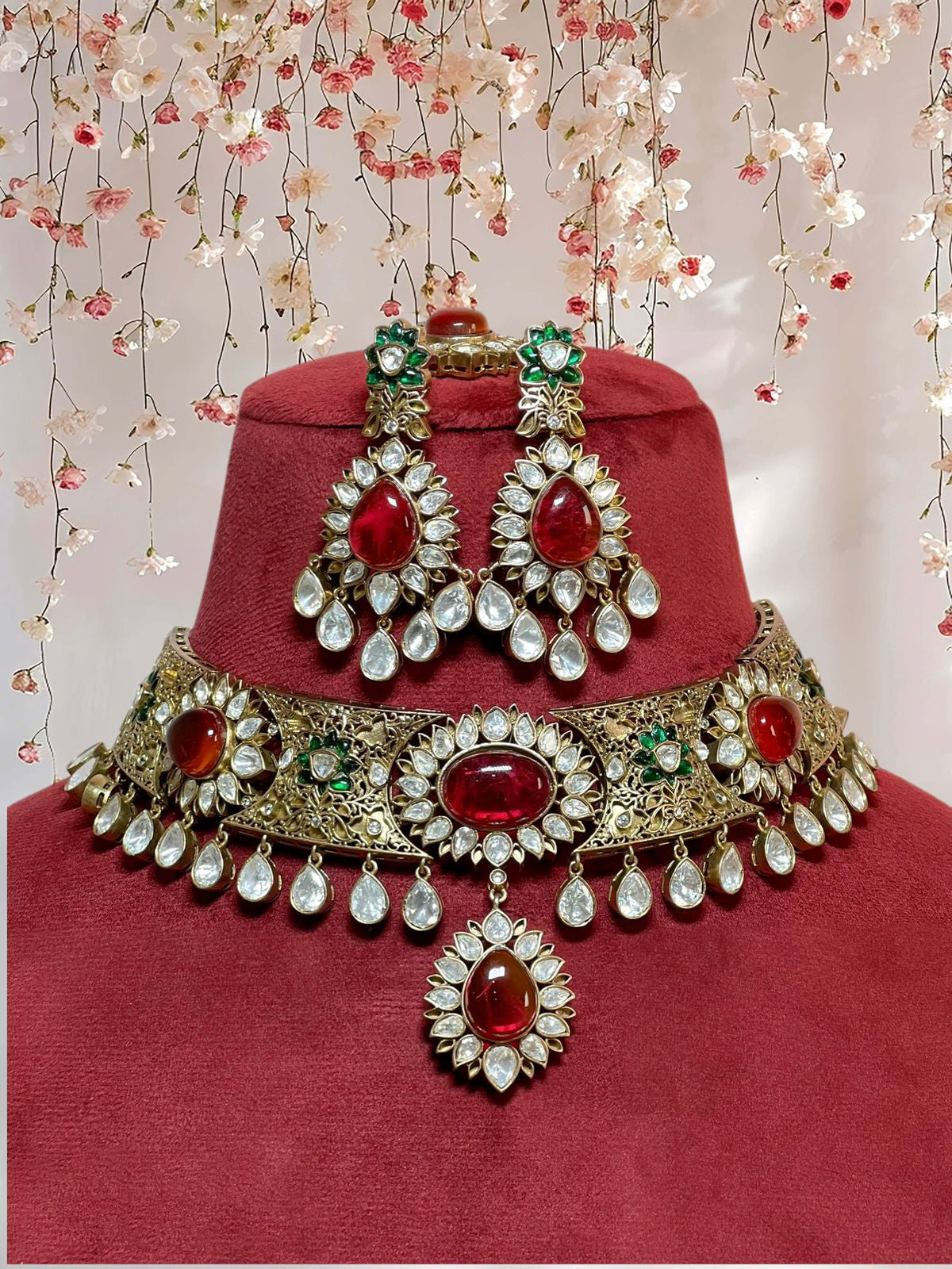 Celebrity Meenakari Polki Choker Earrings Maangtika Set, Indian Meenakari Polki Jewelry Set, Bollywood Meenakari Choker Earrings Mangtika Set