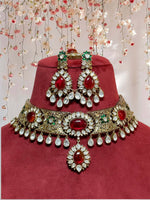 Celebrity Meenakari Polki Choker Earrings Maangtika Set, Indian Meenakari Polki Jewelry Set, Bollywood Meenakari Choker Earrings Mangtika Set