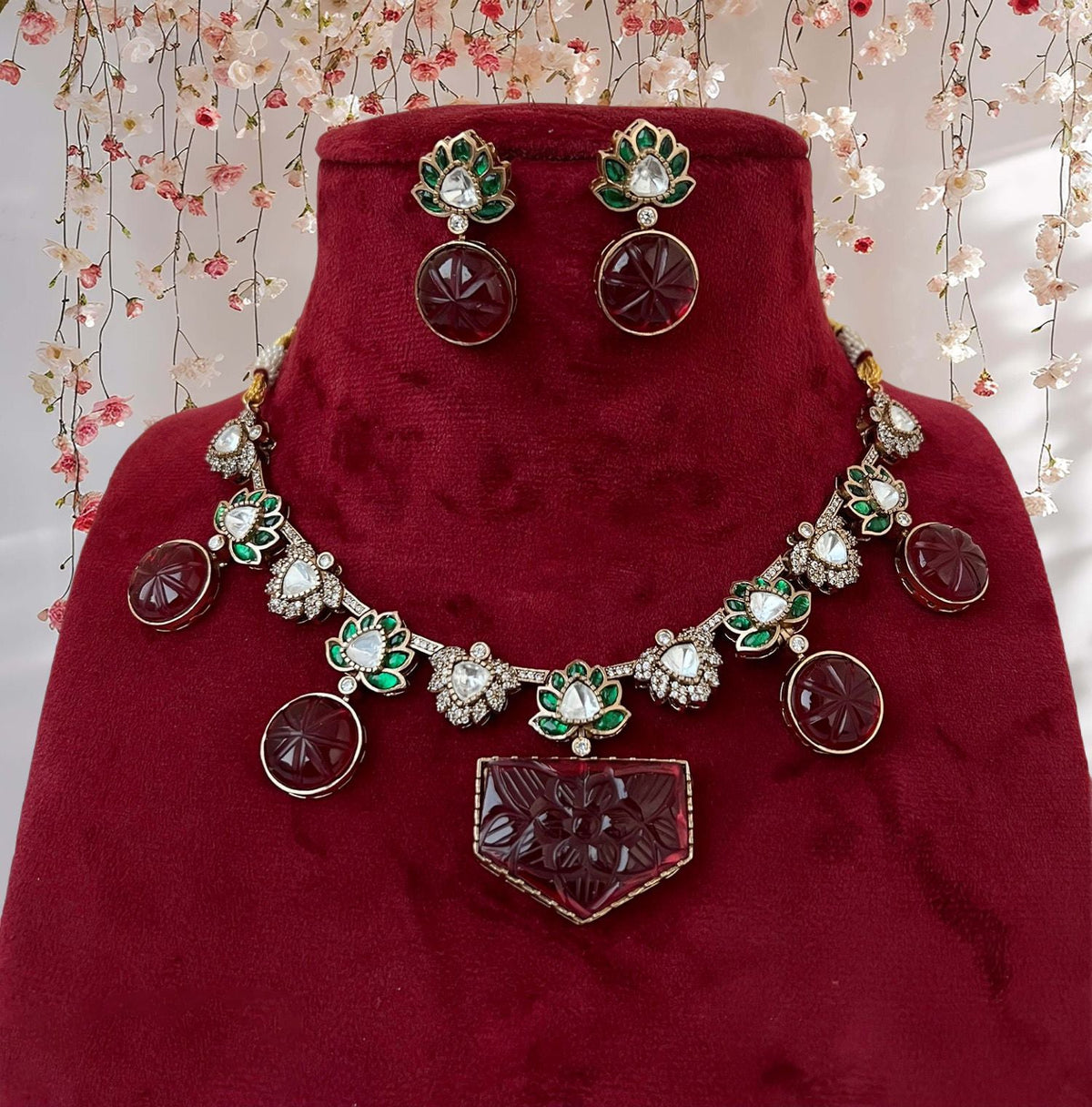Bridal Floral Traditional Polki Necklace Earrings Set, Wedding Polki Ethic Necklace Set, Polki Jewelry Set, Indian Jewelry Set, Rajsthani Necklace Set