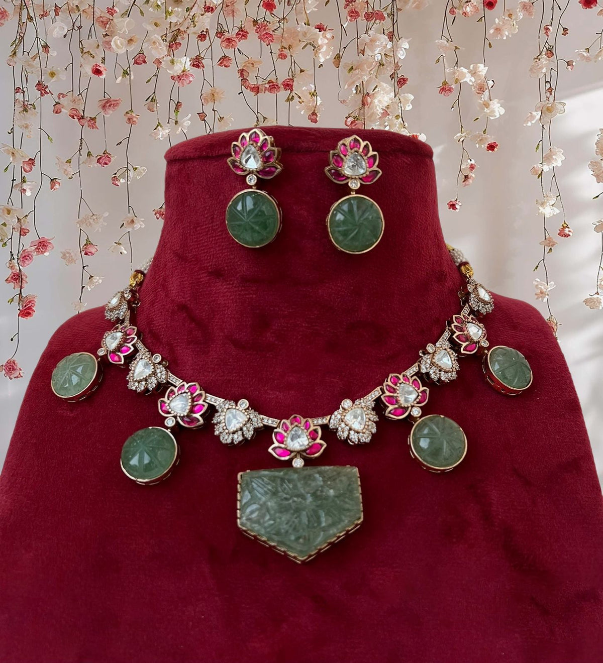 Bridal Floral Traditional Polki Necklace Earrings Set, Wedding Polki Ethic Necklace Set, Polki Jewelry Set, Indian Jewelry Set, Rajsthani Necklace Set