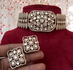 Gold Plated Silver Indian Choker Matching Earrings Set, Indian Silver Choker Set, Bridal Silver Jewelry Set, Pakistani Wedding Choker Set