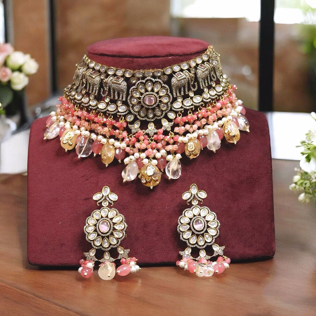 Indian Floral Earrings Elephant Inspired Choker Jewelry Set, Indian Polki Elephant Designed Jewelry Set, Bollywood Polki Choker Set