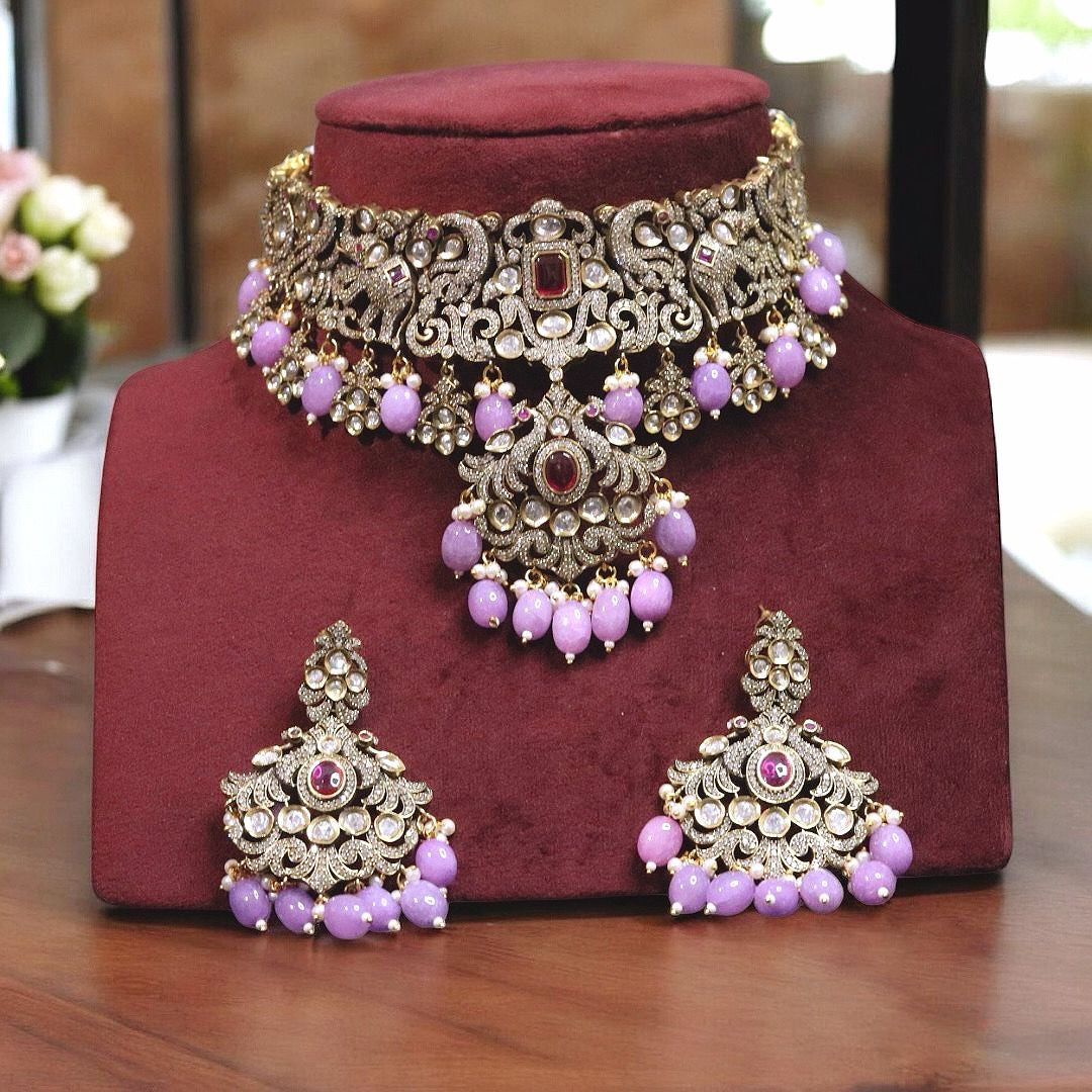 Luxurious Peacock Design Polki Choker Earrings Set, Indian Peacock Choker Jewelry Set, Celebrity Polki Choker Set, Pakistani Polki Peacock Choker Set, Bridal Jewelry Set