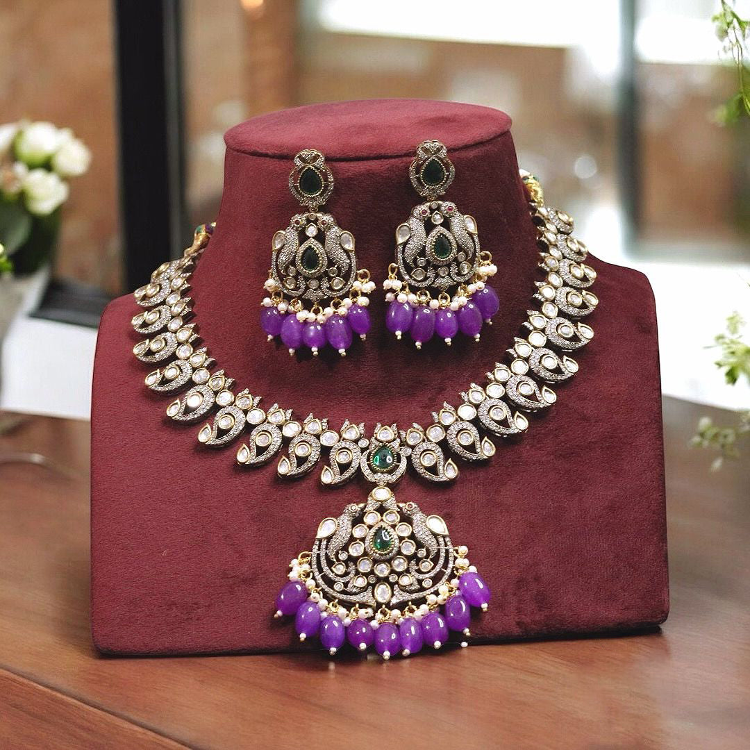 Indian Parrot Inspired Motif Polki Necklace Earrings Set, Indian Parrot Design Jewelry Set, Pakistani Motif Polki Necklace Set