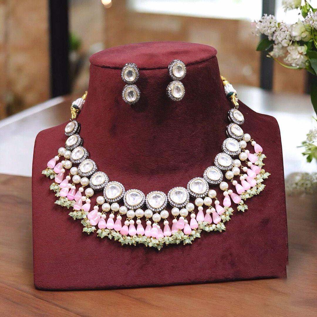 Exquisite Bridal Polki Pakistani Choker Earrings Set, Pakistani Silver Polki Jewelry Set, Indian Traditinal Jewelry Set, Bollywood Polki Choker Set